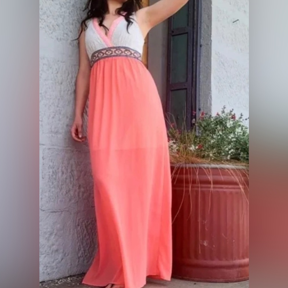 Flying Tomato Womens S Coral Crocheted Lace Chiffon Maxi Dress Boho Eclectic